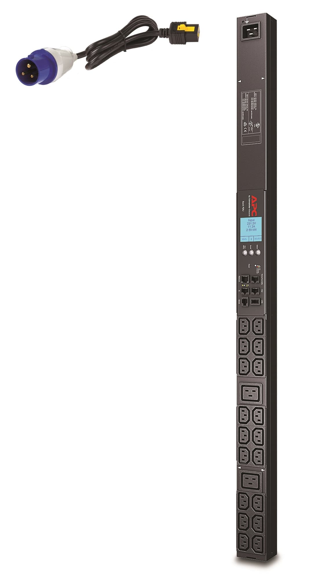 APC APC METERED VERTICAL PDU, 230V, 16A, 3.7KW, C13(18), C19(2), IEC-309, 2YR AP8858EU3
