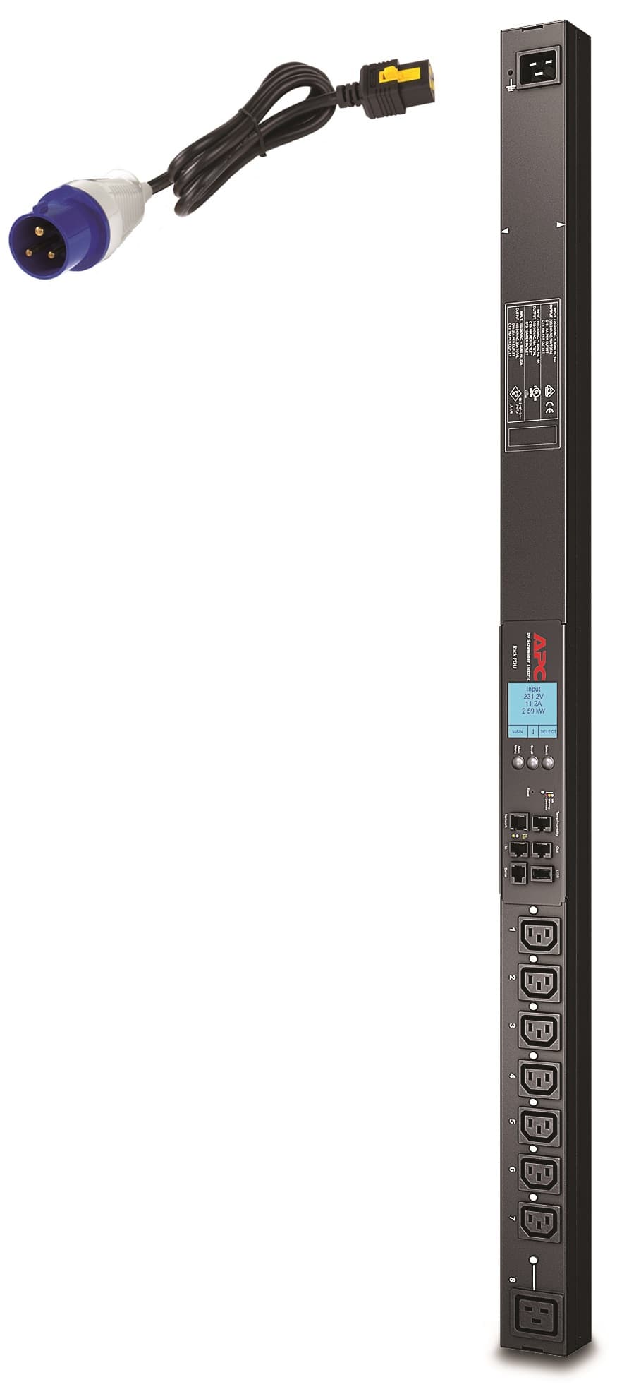 APC APC (AP8958EU3) RACK PDU 2G, SWITCHED, ZEROU,16A, 230V, (7) C13 & (1) C19,IEC309 CORD AP8958EU3