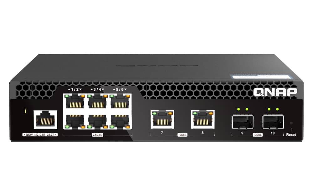 QNAP QNAP QSW-M2106R-2S2T, 6 port 2.5Gbps, 2 ports 10GbE SFP+, 2 ports 10GbE RJ45 , web managed switch, half-rackmount design NS093
