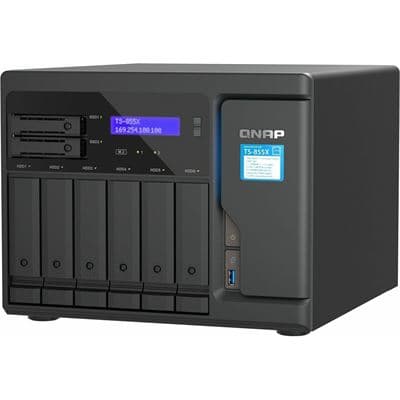 QNAP QNAP TS-855X-8G 8-Bay NAS, Intel® Atom® C5125 8-core/8-thread 2.8GHz processor, 8 GB UDIMM DDR4 non-ECC (1 x 8GB), 4 x UDIMM DDR4 slots with ECC supported, 6 x 2.5"/3.5" SATA HDD/SSD bays + 2 x 2.5" SATA SSD bays, 2 x M.2 2280 PCIe Gen3 x4 slots, 1 x TS-855X-8G