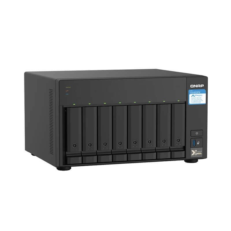QNAP QNAP TS-832PX-4G 8-Bay NAS, AL324 64-bit quad-core 1.7GHz, 4GB DDR4 SODIMM RAM (1 x 4GB, max 16GB), 8 x 3.5"/ 2.5" drive slots, 2 x 10GbE SFP+ LAN, 2 x 2.5GbE LAN, 3 x USB 3.2 Gen1, 1 x PCIe 2.0 x2 slot, hardware encryption,  TL/TR expansion units TS-832PX-4G