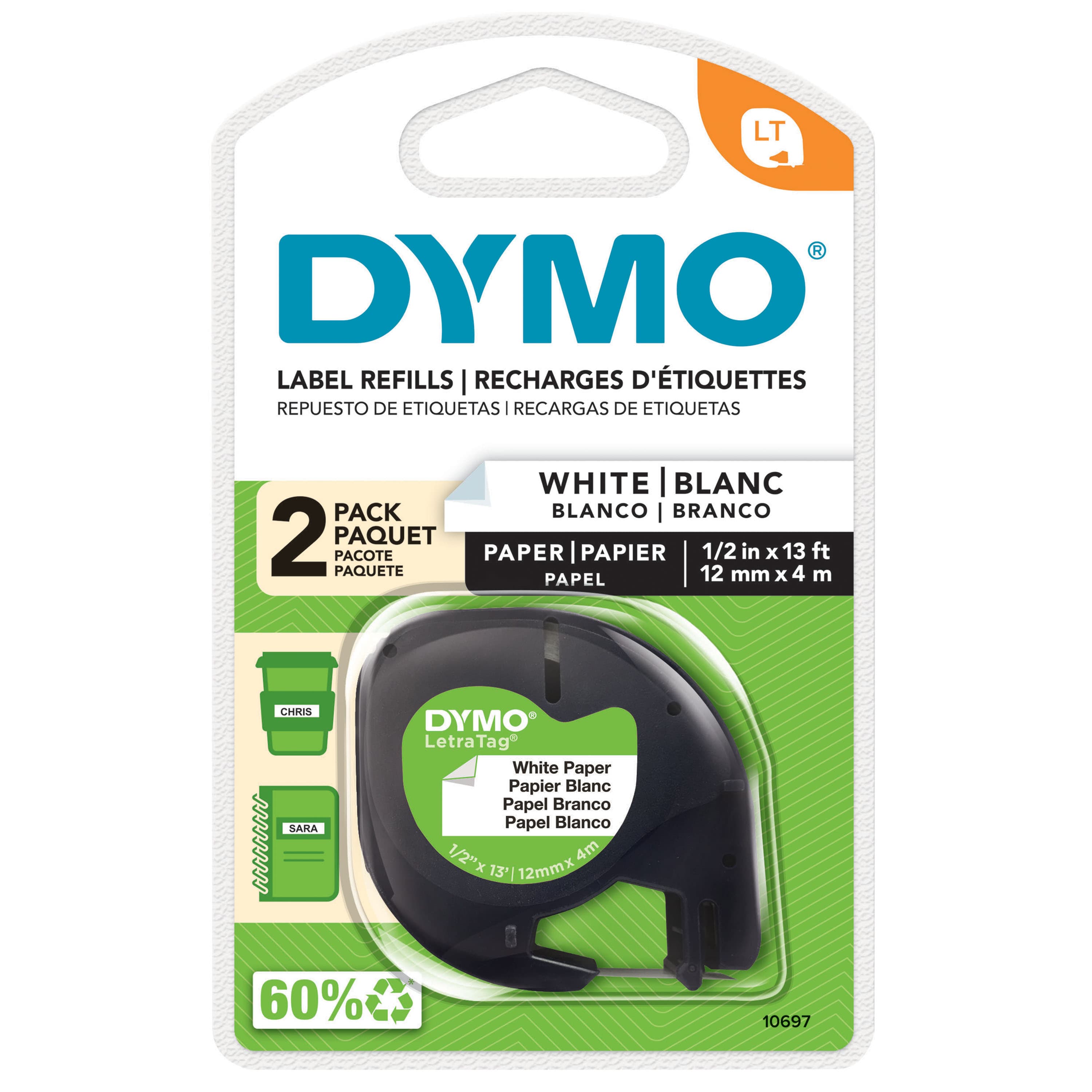 Dymo Dymo LT 92630 12mm x 4m Paper Whi 2pk Tapes for LetraTag labeller 10697