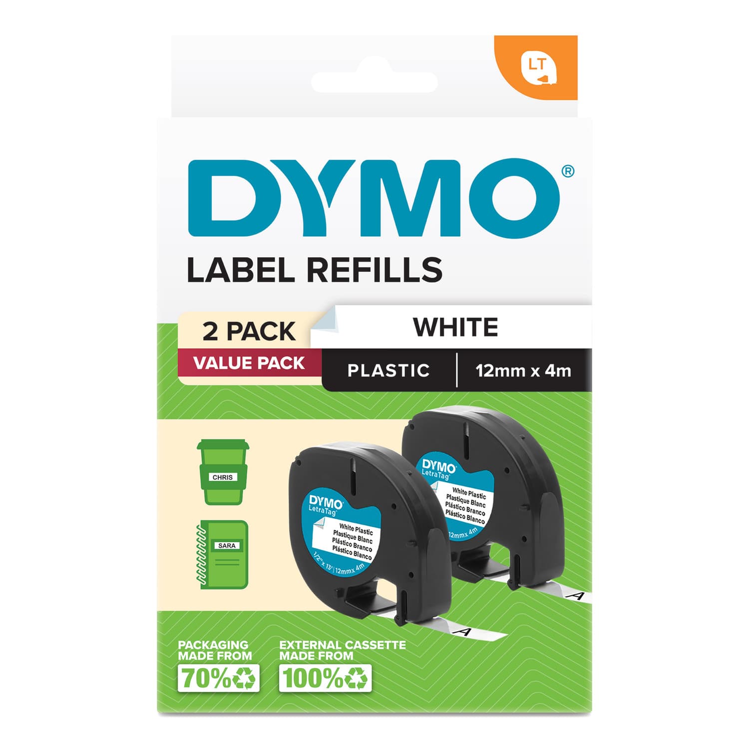 Dymo Dymo LetraTag Plastic Tape 12mm x 4M White 2-Pack 2191235