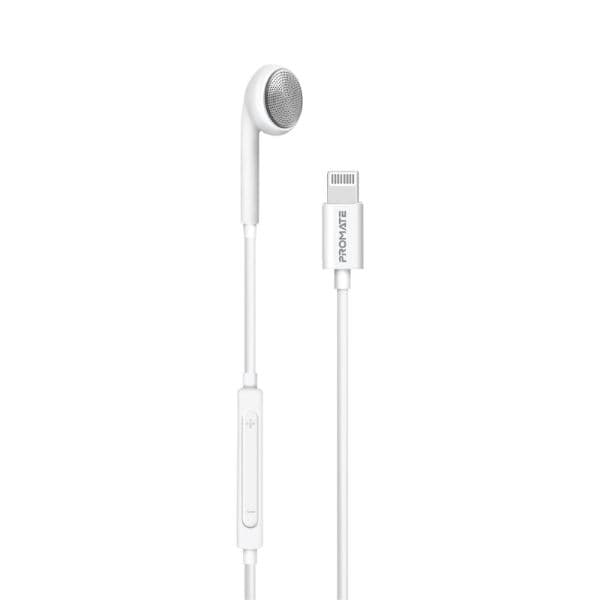 Promate Apple MFI Certified HiFi Wired Mono Earbud W/ Call Button And Microphone White BEAT-LT-WHT