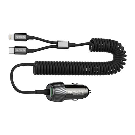 Promate PROMATE 33W Car Charger with Lightning & USB-C Cable, USB-A Port POWERDRIVE33PDCI