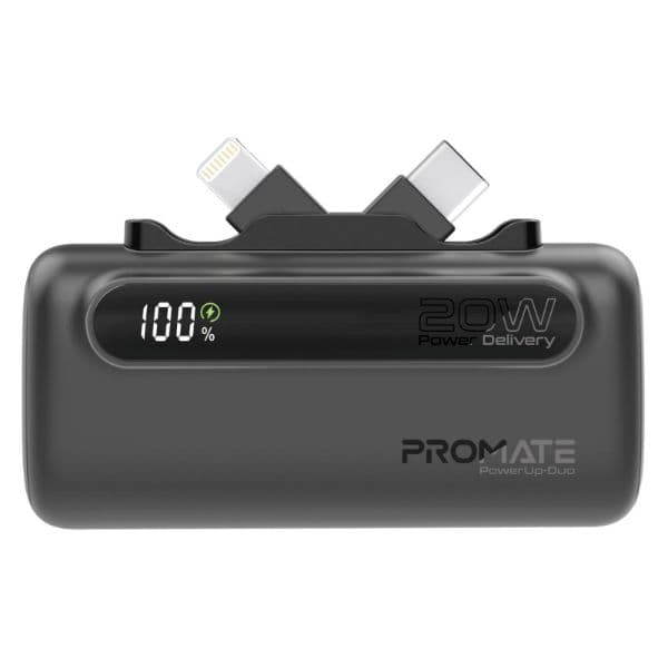 Promate 5000mAh Ultra-Compact Fast Charging Power Bank In-Built Dual Folding USB-C & Lightning POWERUP-DUO-BLK