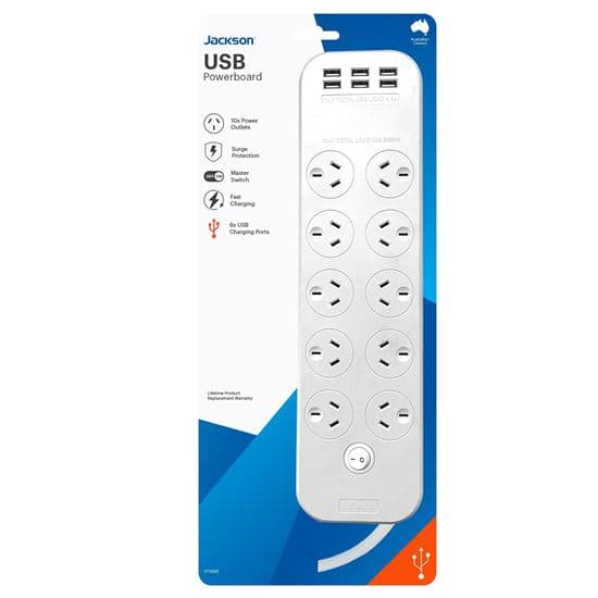 Jackson JACKSON 10-Way Powerboard with 6x USB-A Fast Charging Ports (4.5A) PT1055