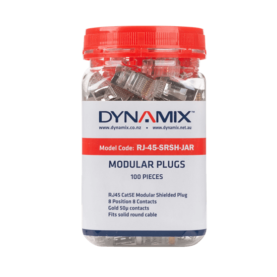 Dynamix DYNAMIX RJ45 100pc Jar, 8P8C Shielded Modular Plug. 50 Micron. RJ-45-SRSH-JAR
