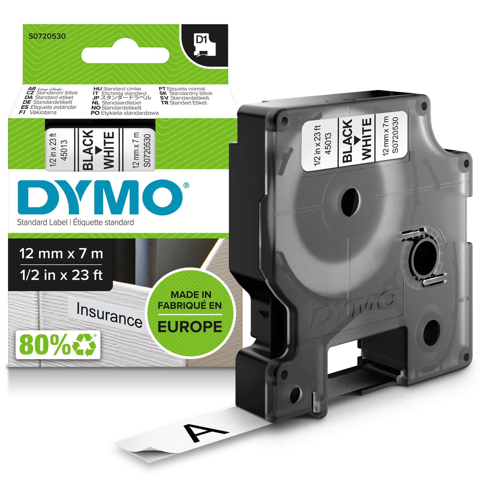 Dymo DYMO Genuine D1 Label Cassette Tape 12mm x 7m BLACK ON WHITE S0720530