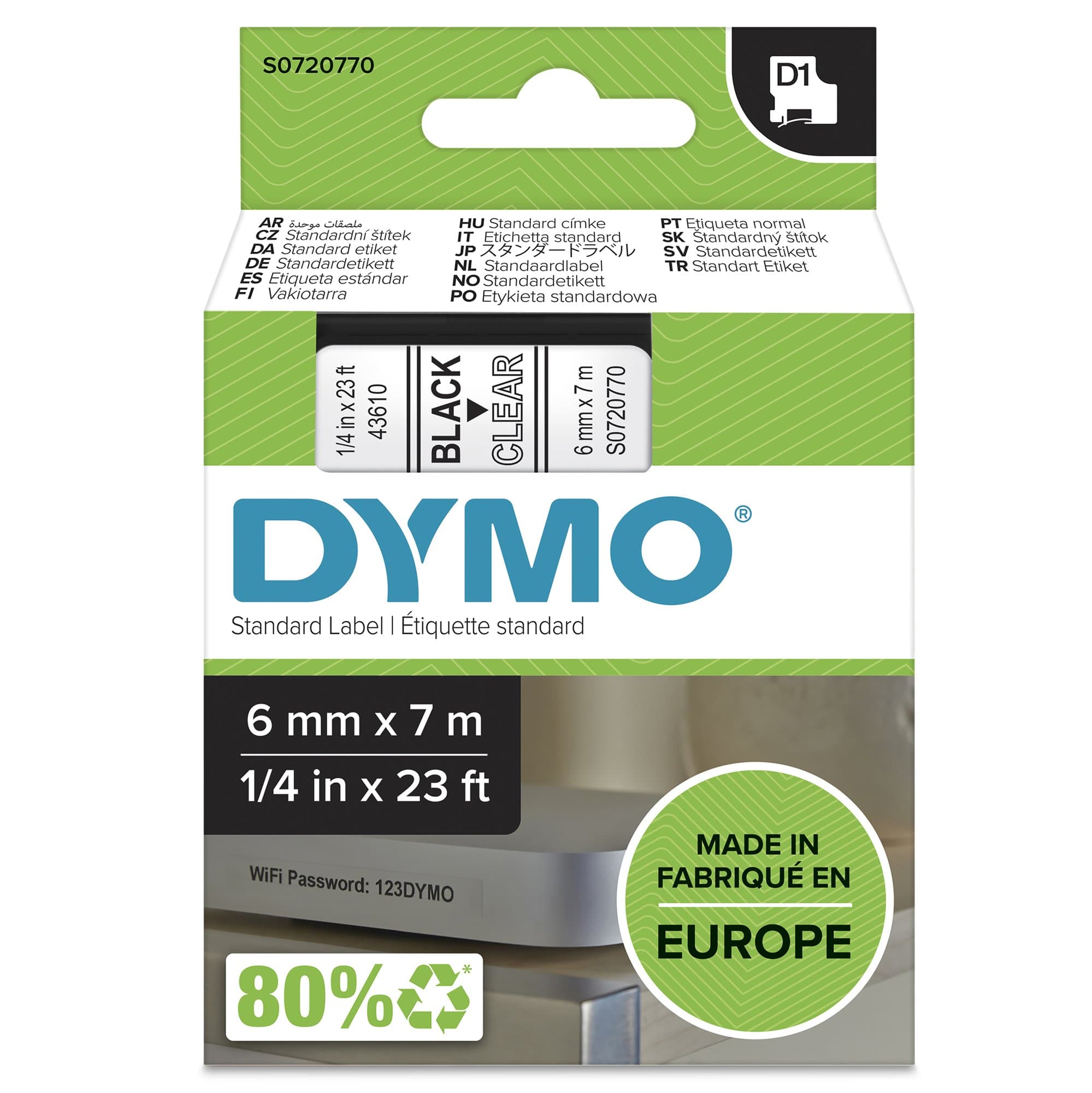 Dymo DYMO Genuine D1 Label Cassette Tape 6mm x 7M, Black on Clear S0720770