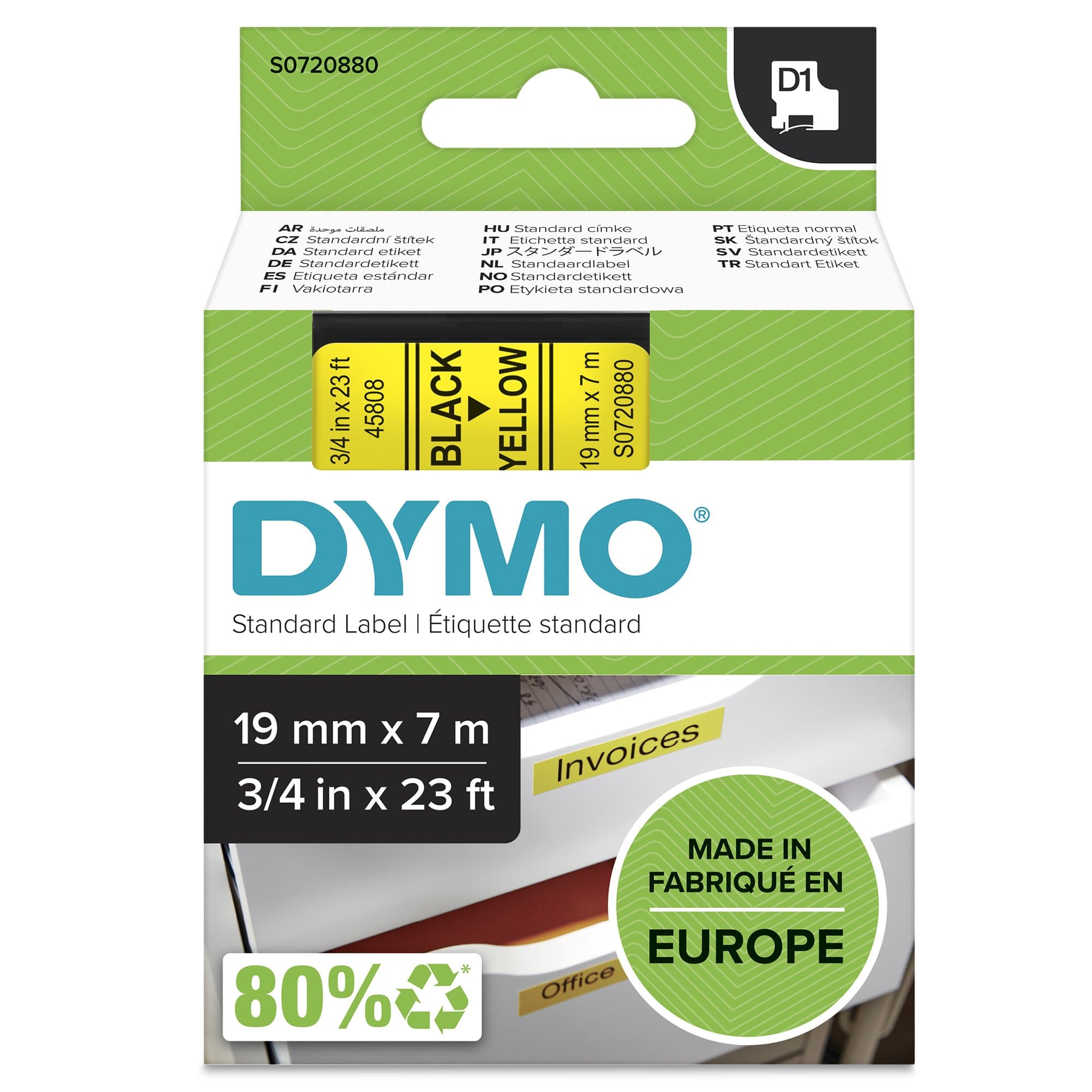 Dymo DYMO Genuine D1 Label Cassette Tape 19mm x 7M,  Black on Yellow S0720880
