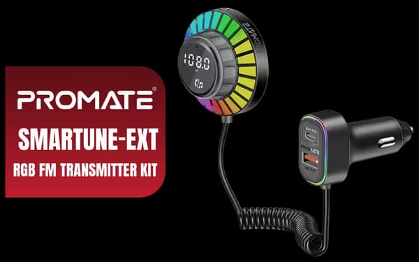 Promate RGB FM Transmitter W/ Handsfree & 30W PD & QC3.0 Includes 1.5m Extenstion Cord SMARTUNE-EXT