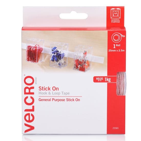 Velcro VELCRO Brand 25mm x 2.5m Stick on Hook & Loop Roll/Tape. Designed for VEL25581