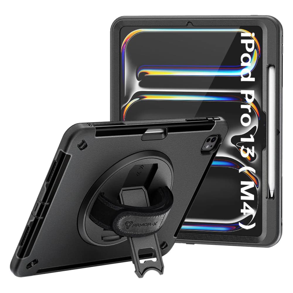 Armor-X Rainproof Military Grade Rugged Case with Handstrap- Kick-stand & Shoulder strap for iPad Pro 13 (M4) - Black # 494534