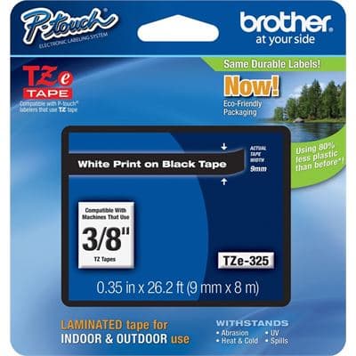 Brother Brother TZe-325 9mm x 8m White on Black Tape TZE325