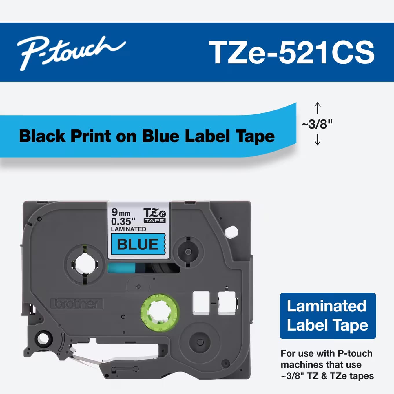 Brother Brother TZe-521 9mm x 8m Black on Blue Tape TZE521