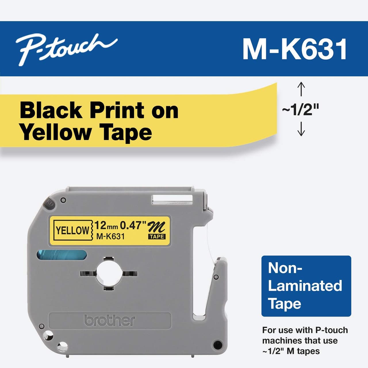 Brother Brother MK-631 12mm x 8m Black on Yellow M Label Tape MK631