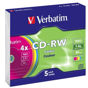 Verbatim Verbatim CD-RW 700MB 2-4x Multi Colour 5 Pack with Slim Cases MV150