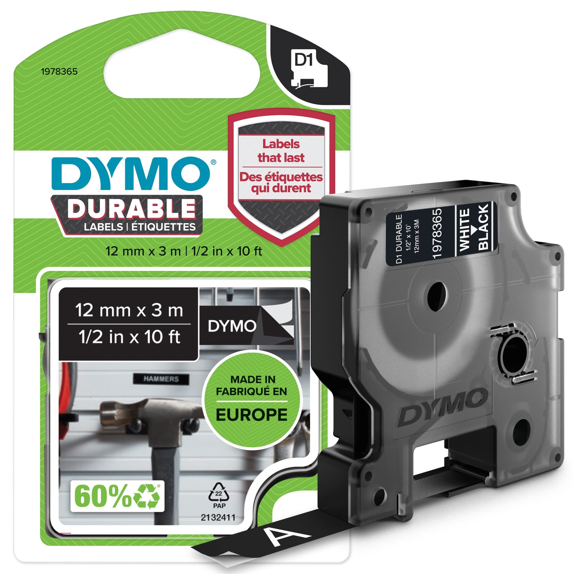 Dymo Dymo D1 Wht on Blk 12mm x 3m DY1978365
