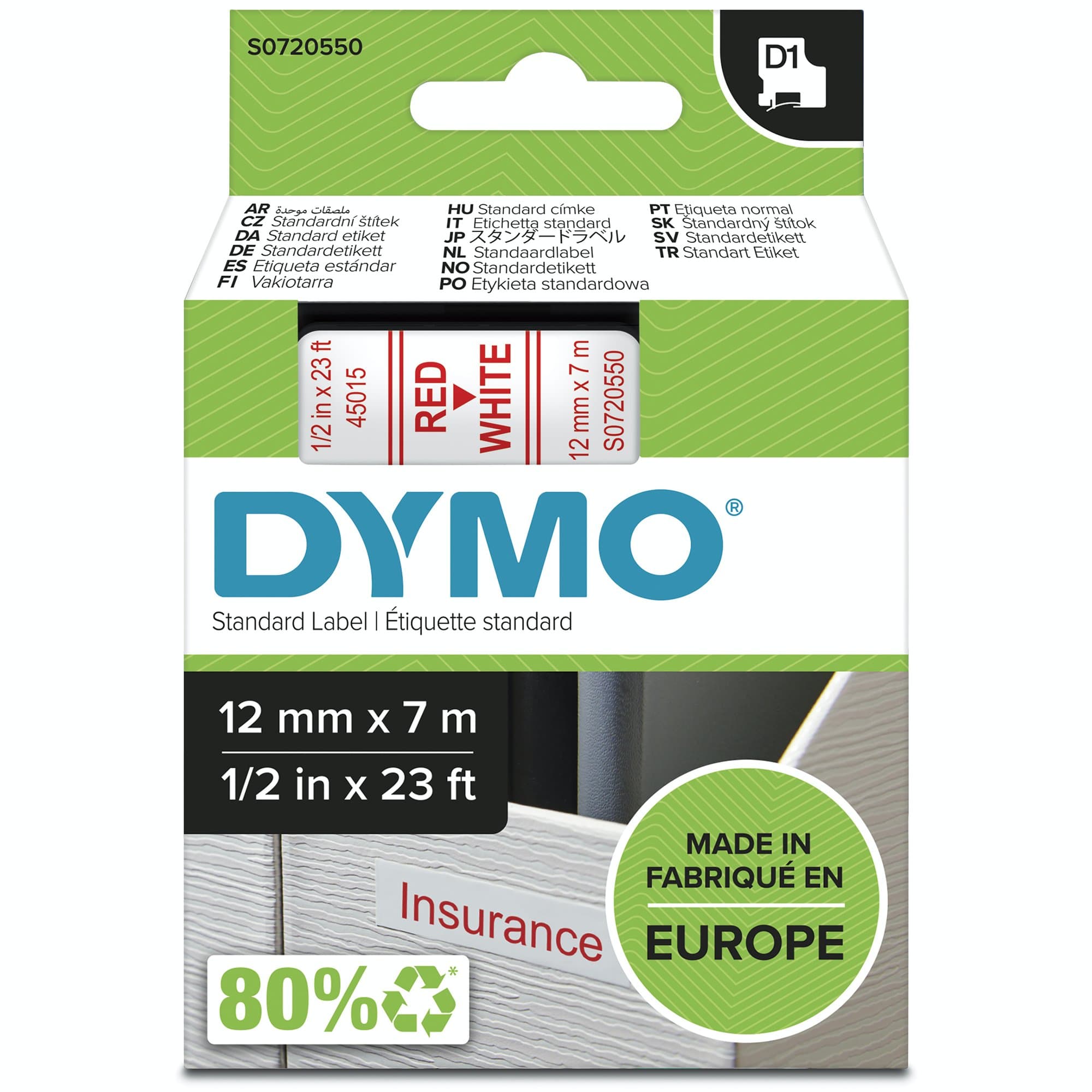 Dymo Dymo Red on Wht 12mmx7m Tape DYS0720550