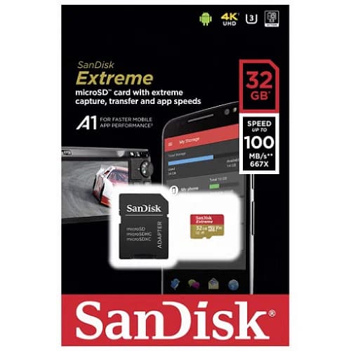 SanDisk Sandisk Extreme Microsdhc Sqxaf 32GB V30 U3 C10 A1 Uhs-1 100MB/S R 60MB/S W 4X6 Sd Adaptor Lifetime Limited SDSQXAF-032G-GN6MA