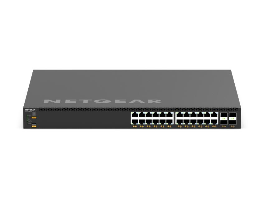 NETGEAR XSM4328CV-100AJS AV Line 28-Port 10GigE PoE+ / 25G SFP28 Managed Switch 24x 10GigE PoE+ 4x 25G SFP28 Ports NETGEAR — view 1