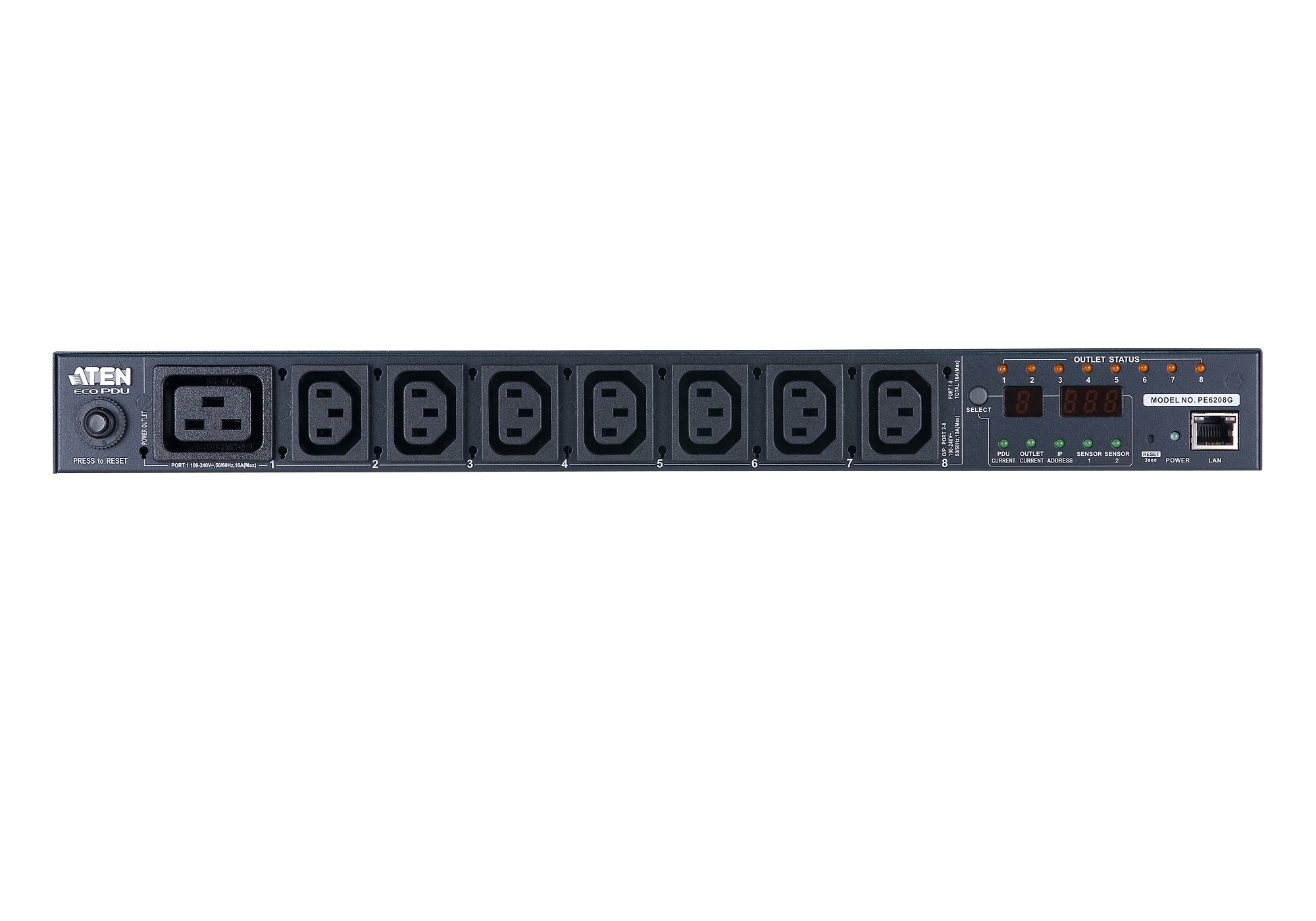 ATEN 8 PORT 1U 16A SMART PDU, 7XC13 + 1XC19 OUTLETS ATEN — view 2