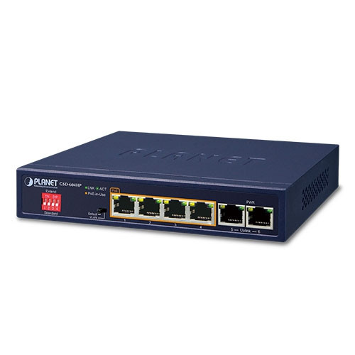 Planet GSD-604HP, 4-Port 10/100/1000T 802.3at POE + 2-Port 10/100/1000T Desktop Switch (55W POE Budget, External Power Supply) Planet — view 2
