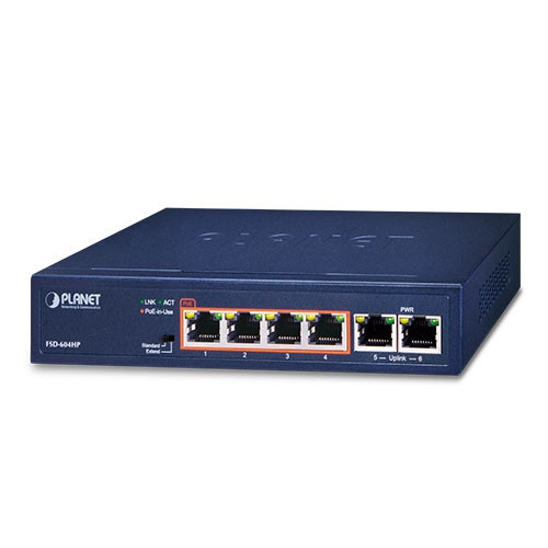 Planet FSD-604HP, 4-Port 10/100TX 802.3af/at PoE + 2-Port 10/100TX Desktop Switch (60 Watts) Planet — view 2