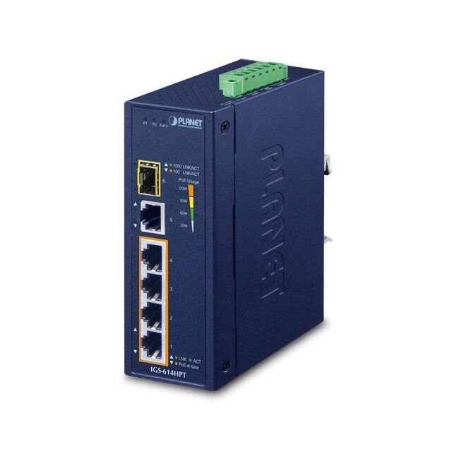 Planet IGS-614HPT Industrial 4-Port 10/100/1000T 802.3at PoE + 1-Port 10/100/1000T + 1-Port 100/1000X SFP Gigabit Ethernet Switch Planet — view 1