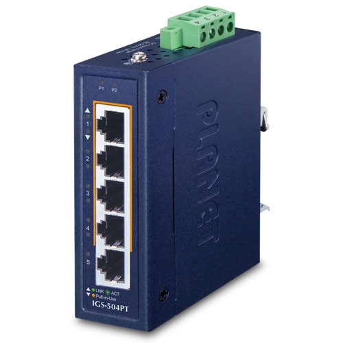 Planet IGS-504PT IP30 Compact size 4-Port 10/100/1000T 802.3at PoE + 1-Port 10/100/1000T Gigabit Ethernet Switch (-40~75 degrees C, dual 48~54V DC) Planet — view 1