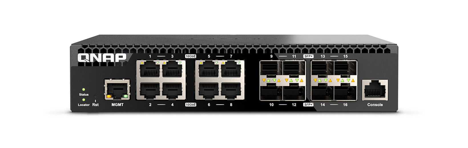 QNAP QSW-M3216R-8S8T, Management Switch, 16 port of 10GbE port speed, 8 port SFP+, 8 port  10gbE RJ45, half-rackmount design QNAP — view 2