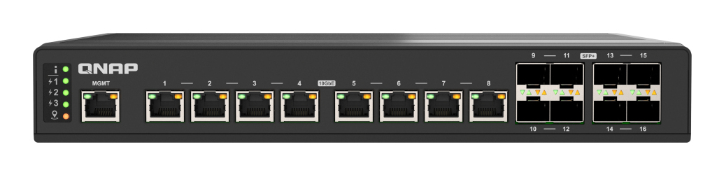QNAPQSW-IM3216-8S8T fan less industrial design, 8 ports 10GbE RJ45, 8 ports 10GbE SFP+, rack mount/wall mount web managed switch QNAP — view 2