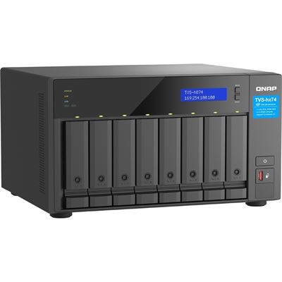 QNAP TVS-h874X-i9-64G 8-bay QuTS hero NAS, Intel® Core i9 16-core (8 Performance cores + 8 Efficient cores) /24-thread, 64GB SO-DIMM DDR4(max.64GB), 8 x 2.5"/3.5" SATA HDD/SSD, 2 x 10GBASE-T + 2 x 2.5GbE, 2x M.2 PCIe Gen4 x4 slots, PCIe Gen4 slots, QNAP — view 2