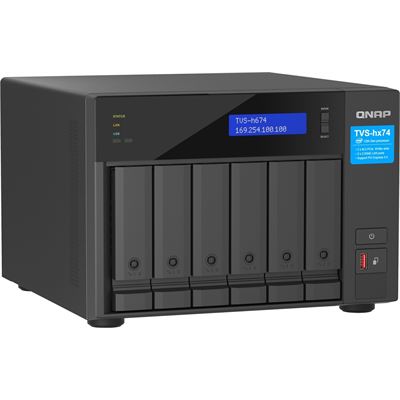 QNAP TVS-h674-i3-16G 6-bay QuTS hero NAS, Intel® Core i3-12100 4-core/8-thread, up to 4.3GHz, 16GB SO-DIMM  DDR4(max.128GB), 6 x 2.5"/3.5" SATA HDD/SSD, 2 x 2.5GbE, 2x M.2 PCIe Gen4 x4 slots, PCIe Gen4 slots, HDMI 1.4b, 250W PSU QNAP — view 1