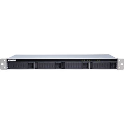 QNAP TL-R400S 4-bay 1U rackmount SATA JBOD expansion unit with a QXP-400eS-A1164 PCIe SATA host card and 1 SFF-8088 to SFF-8088 SAS/SATA 6Gb/s external cables. QNAP — view 2