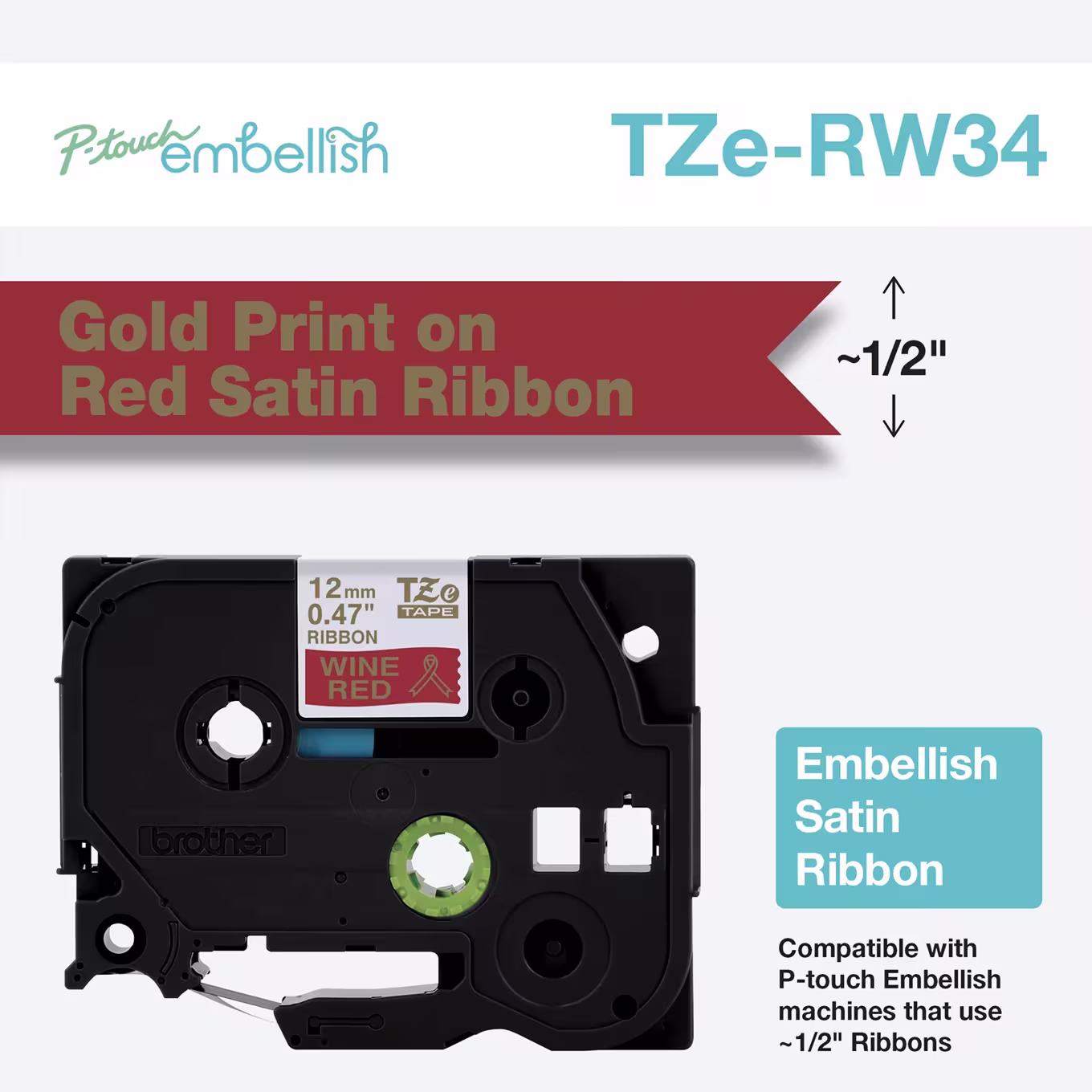 BROTHER TZERW34 12MM GOLD ON RED RIBBON TAPE BROTHER — view 2