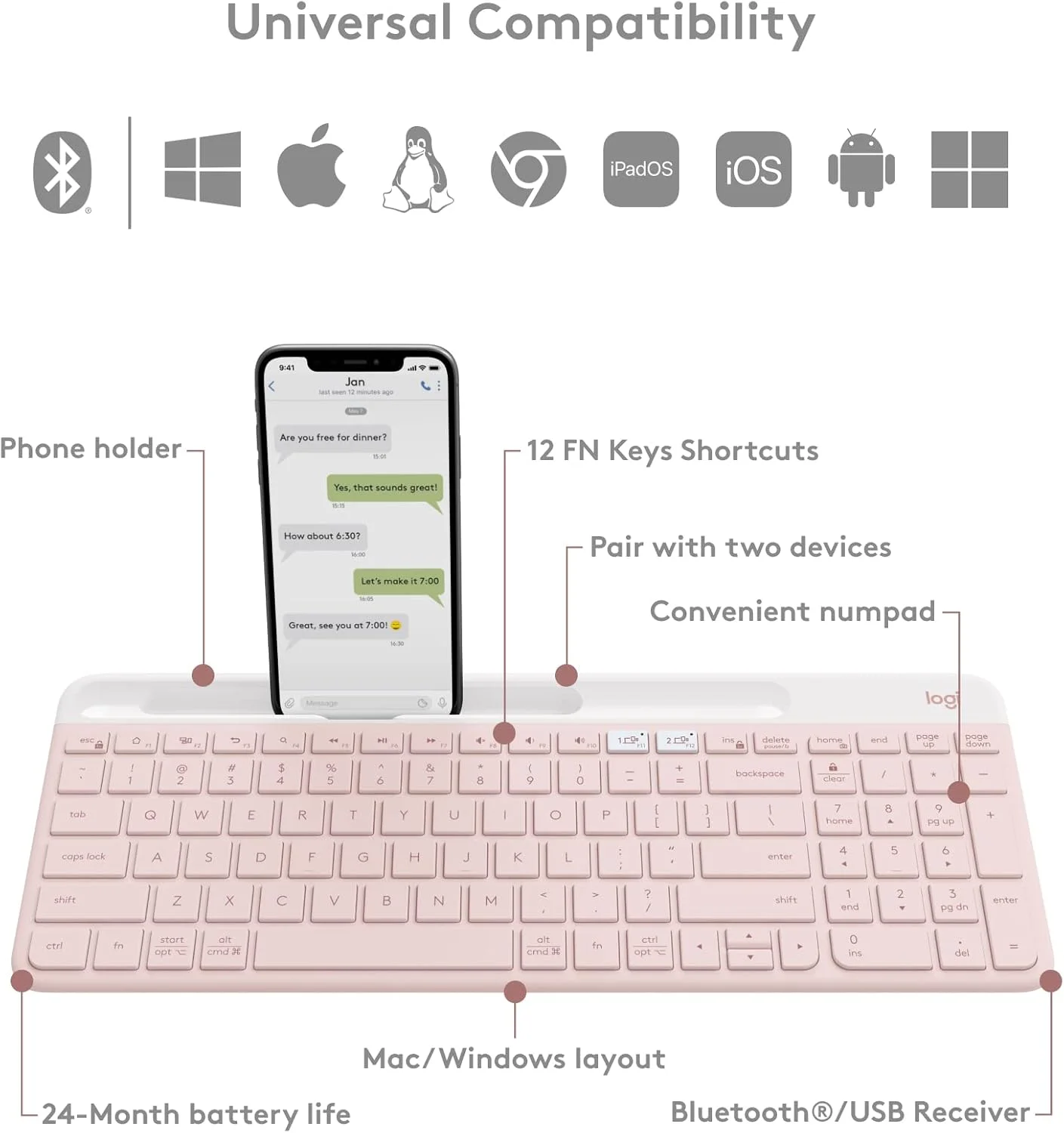 LOGITECH K580 SLIM WIRELESS KBOARD - ROSE LOGITECH — view 2