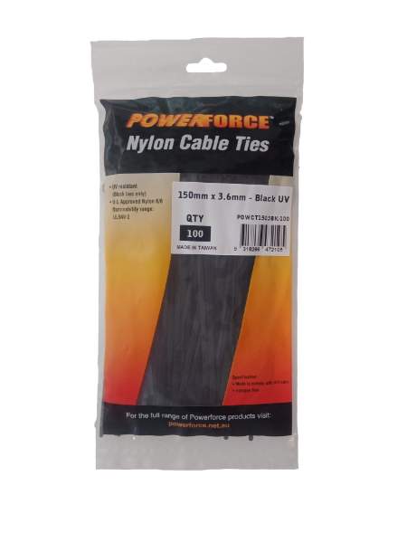 3.6 X 150mm Black UV Cable Ties Pack Of 100 18kgs Tensile Strength POWERFORCE — view 2