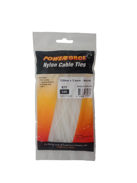 3.6 X 150mm Natural Cable Ties Pack Of 100 18kgs Tensile Strength POWERFORCE — view 2