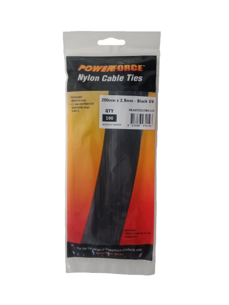 2.8 X 200mm Black UV Cable Ties Pack Of 100 8kgs Tensile Strength POWERFORCE — view 2