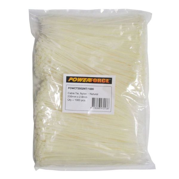 2.8 X 200mm Natural Cable Ties Pack Of 1000 8kgs Tensile Strength POWERFORCE — view 2