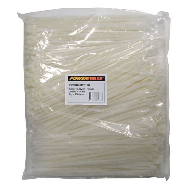 4.8 X 200mm Natural Cable Ties Pack Of 1000 22kgs Tensile Strength POWERFORCE — view 2