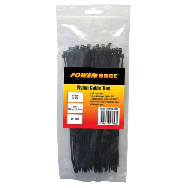 7.6 X 200mm Black UV Cable Ties Pack Of 100 55kgs Tensile Strength POWERFORCE — view 2