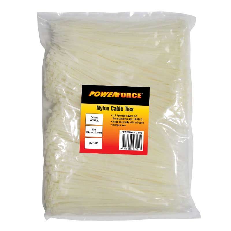 7.6 X 200mm Natural Cable Ties Pack Of 1000 55kgs Tensile Strength POWERFORCE — view 2