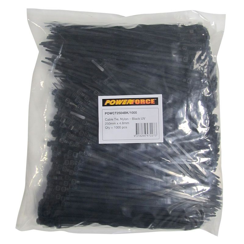 4.8 X 250mm Black UV Cable Ties Pack Of 1000 22kgs Tensile Strength POWERFORCE — view 2