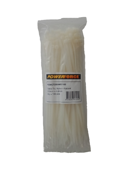 4.8 X 250mm Natural Cable Ties Pack Of 100 22kgs Tensile Strength POWERFORCE — view 2