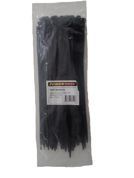 7.6 X 380mm Black UV Cable Ties Pack Of 100 55kgs Tensile Strength POWERFORCE — view 2