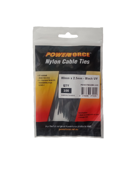 2.5 X 80mm Black UV Cable Ties Pack Of 100 8kgs Tensile Strength POWERFORCE — view 2