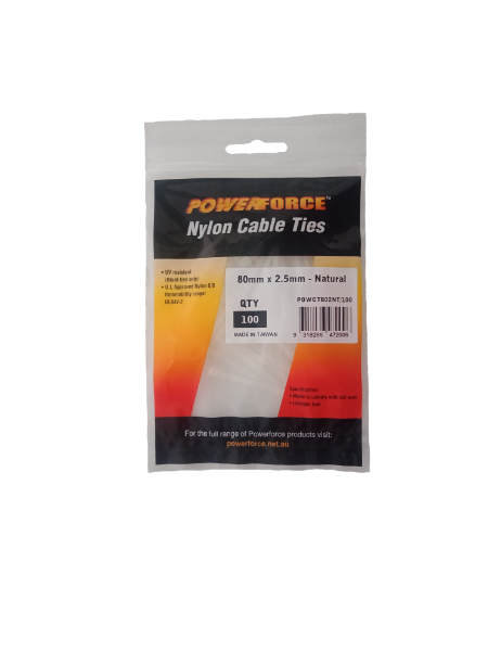 2.5 X 80mm Natural Cable Ties Pack Of 100 8kgs Tensile Strength POWERFORCE — view 2
